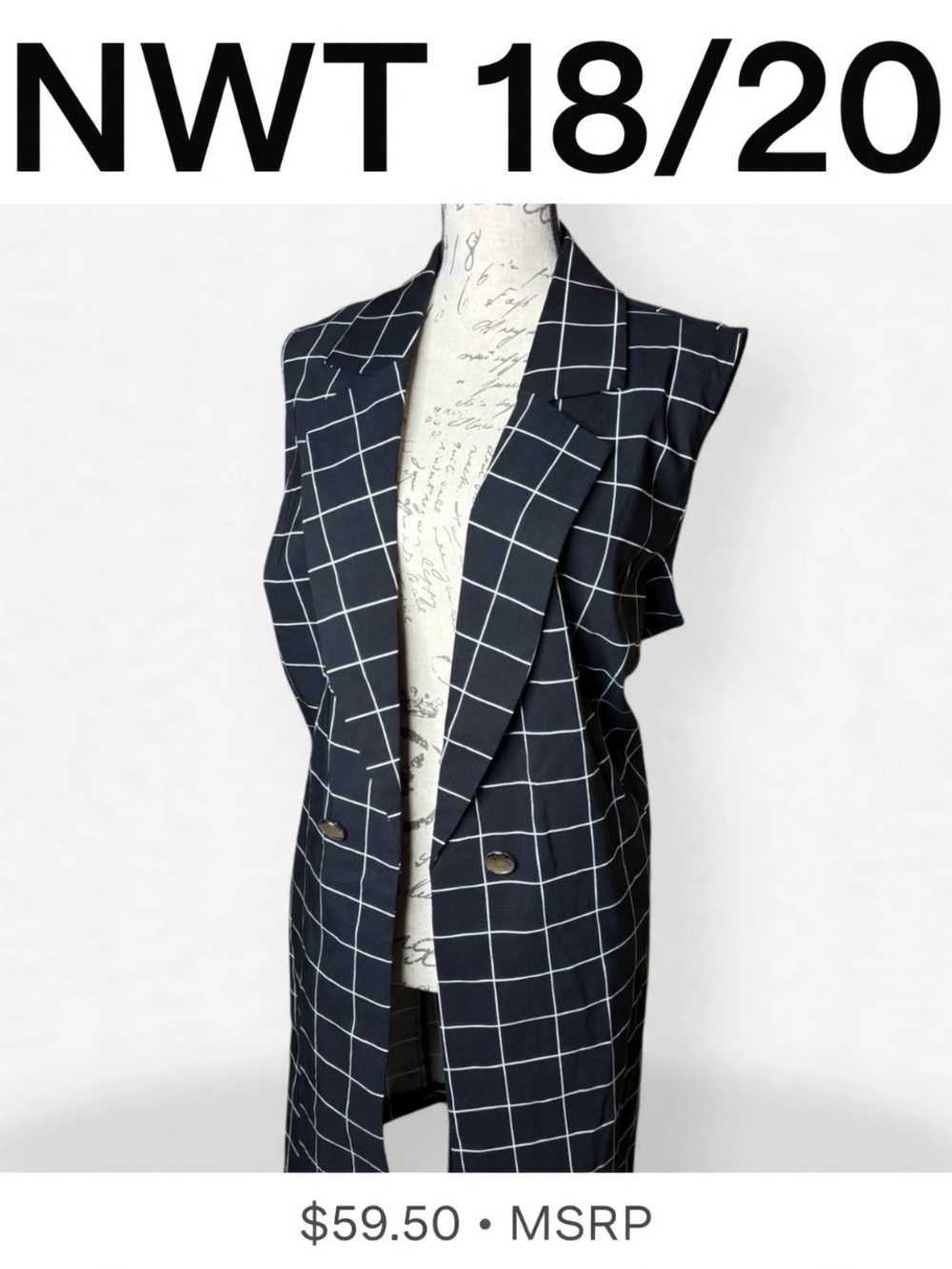 NWT Ashley Stewart 18/20 Windowpane Vest Long Blazer Sleeveless Black White